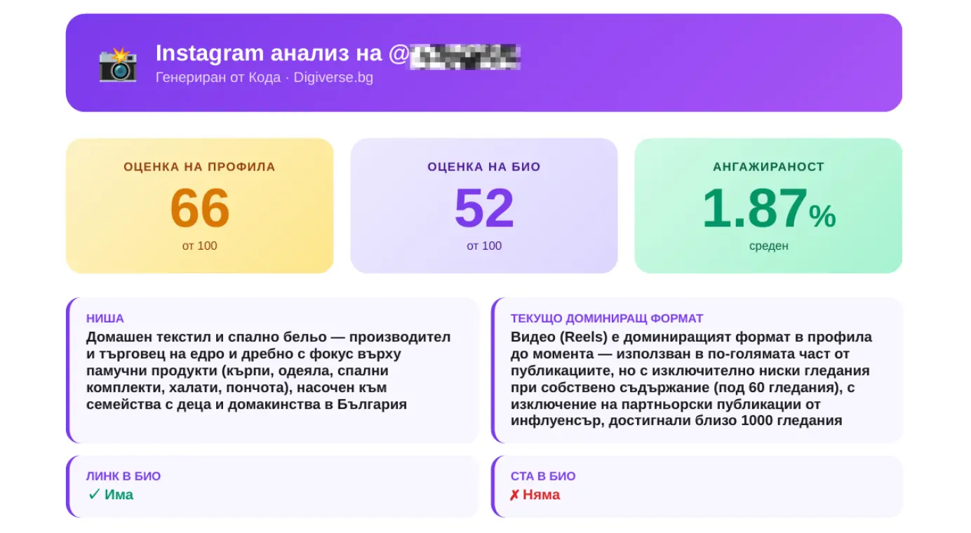 Пример за оценка на профил от Instagram анализа