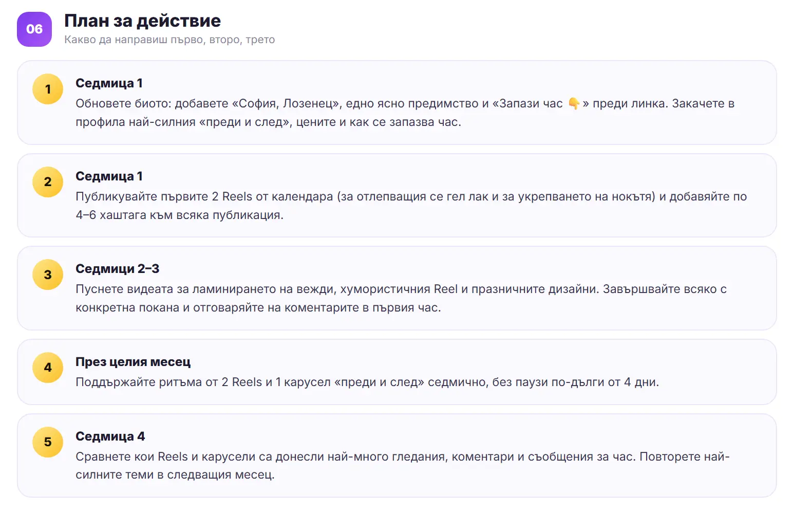 Пример за план за действие от Instagram анализа